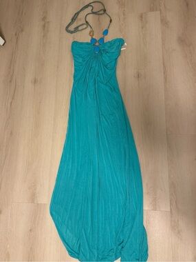 Sky Turquoise Strapless Maxi Dress with Statement Necklace